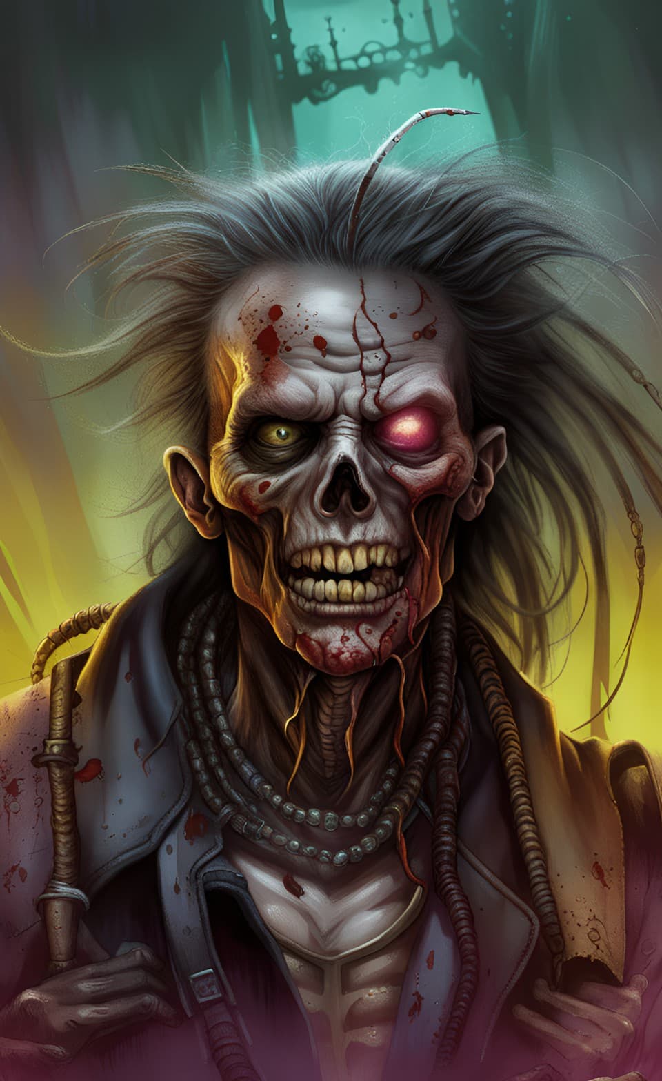 AI generated: A portrait poster of a Future metal tech zombie emerging from a future utopian world, zombie virus s...