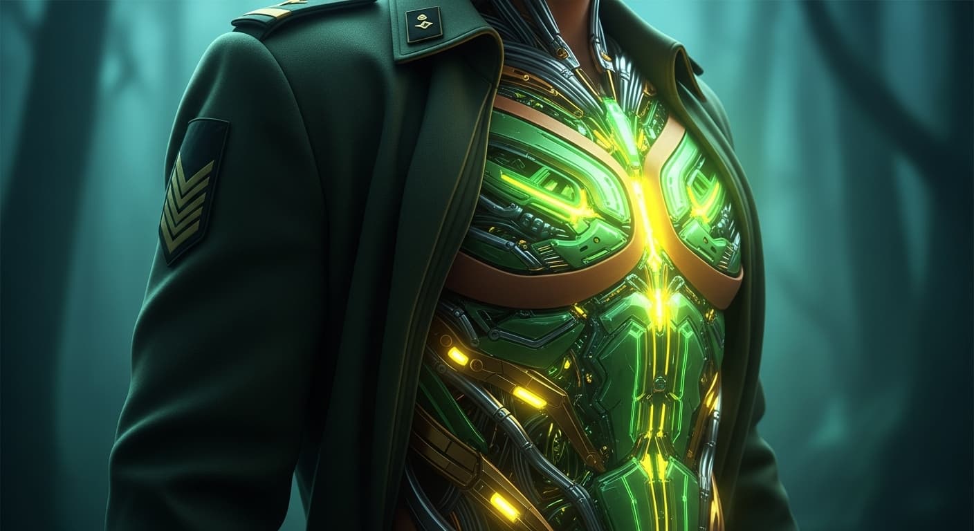 AI generated: A digital fantasy artwork showing a close-up of a person's torso with glowing green and golden biome...