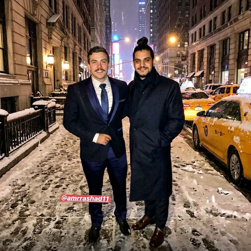 AI generated: Left side person Change his features to be American and background to be New York street with snowy ...