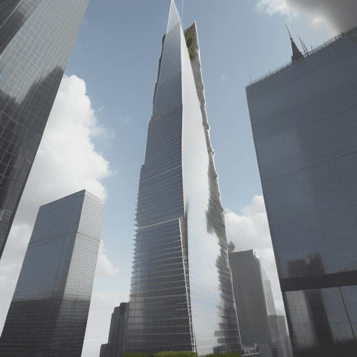 AI generated: high realistic render of a Modern very tall twin skyscraper, wide base and small end, vertical garde...