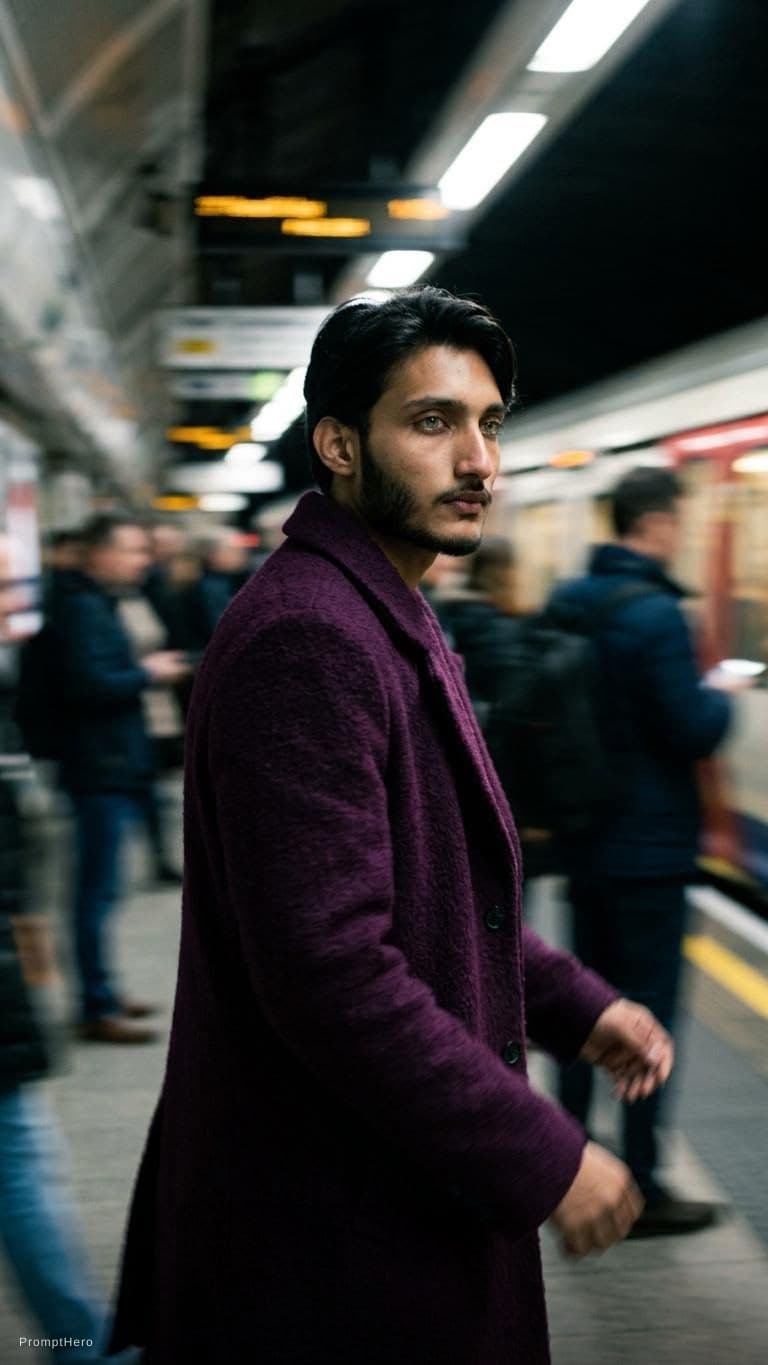 AI generated: fashion editorial photography,motion blur,male model,wearing an wool coat,deep purple color,walking ...