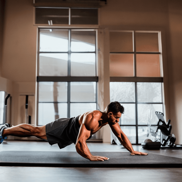 AI generated: A fit and muscular athlete in an intense workout session, mid-motion as they perform a set of push-u...