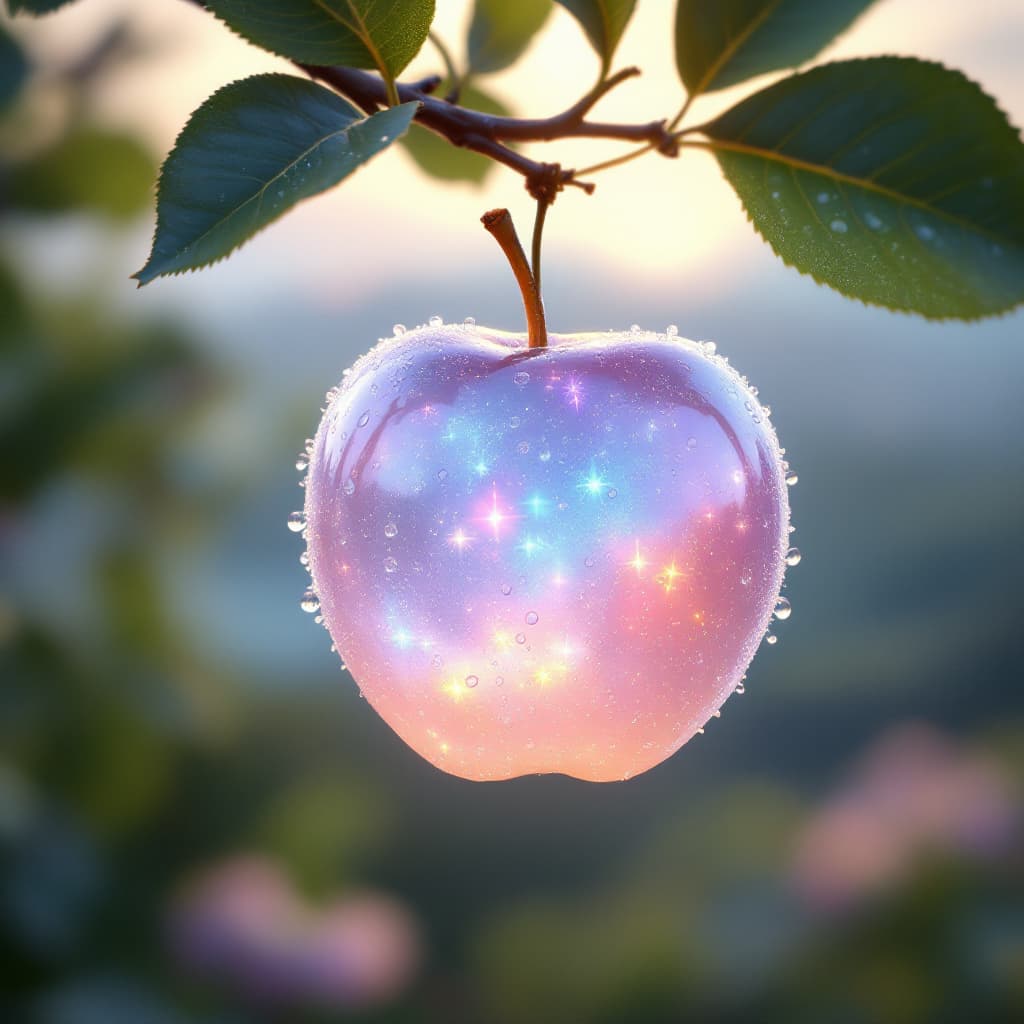 AI generated: a delicate opal apple hanging from a branch in the early morning light, decorated with glittering de...