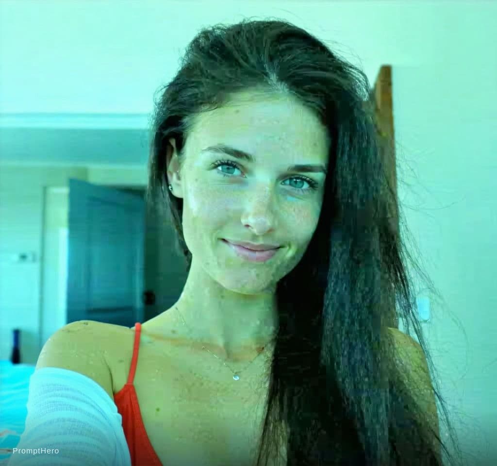 AI generated: Create a full length of her outfit , she's wearing a red bikini with a blue mini pants