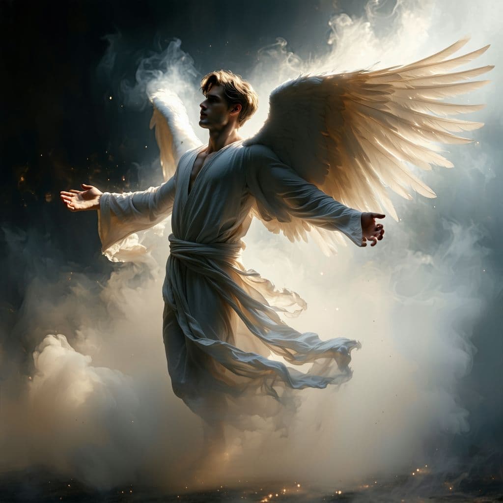 AI generated: An artist's oil painting of a masculine male, a strong angel, light brown hair, flying  through the ...