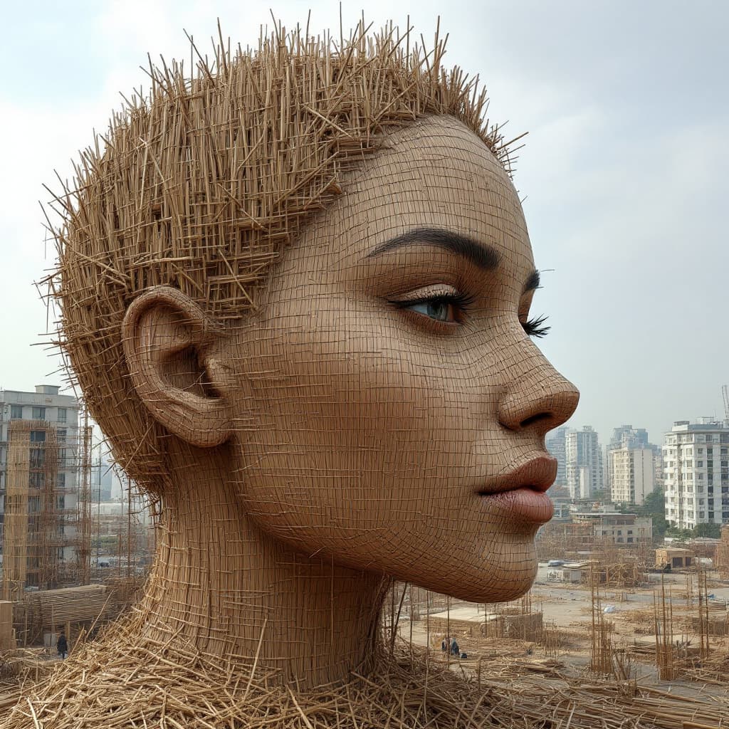 AI generated: a 30 storey woman's face construction is going on. extremely good looking woman. realistic image. th...