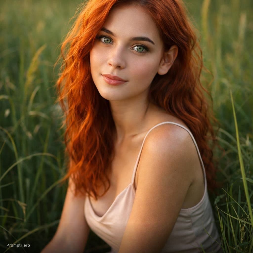 AI generated: A photorealistic portrait of a woman with vibrant, fiery red, wavy hair, seated in a field of tall g...