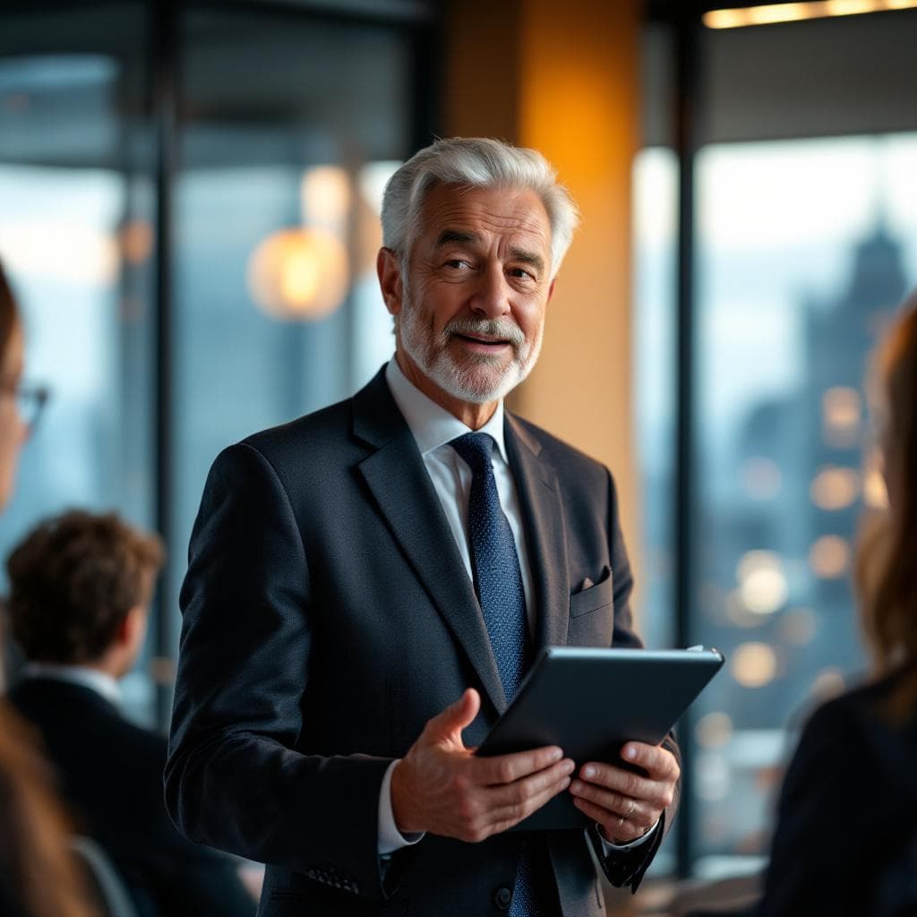 AI generated: Create a professional and dynamic image showcasing a confident sales executive, aged between 55 and ...