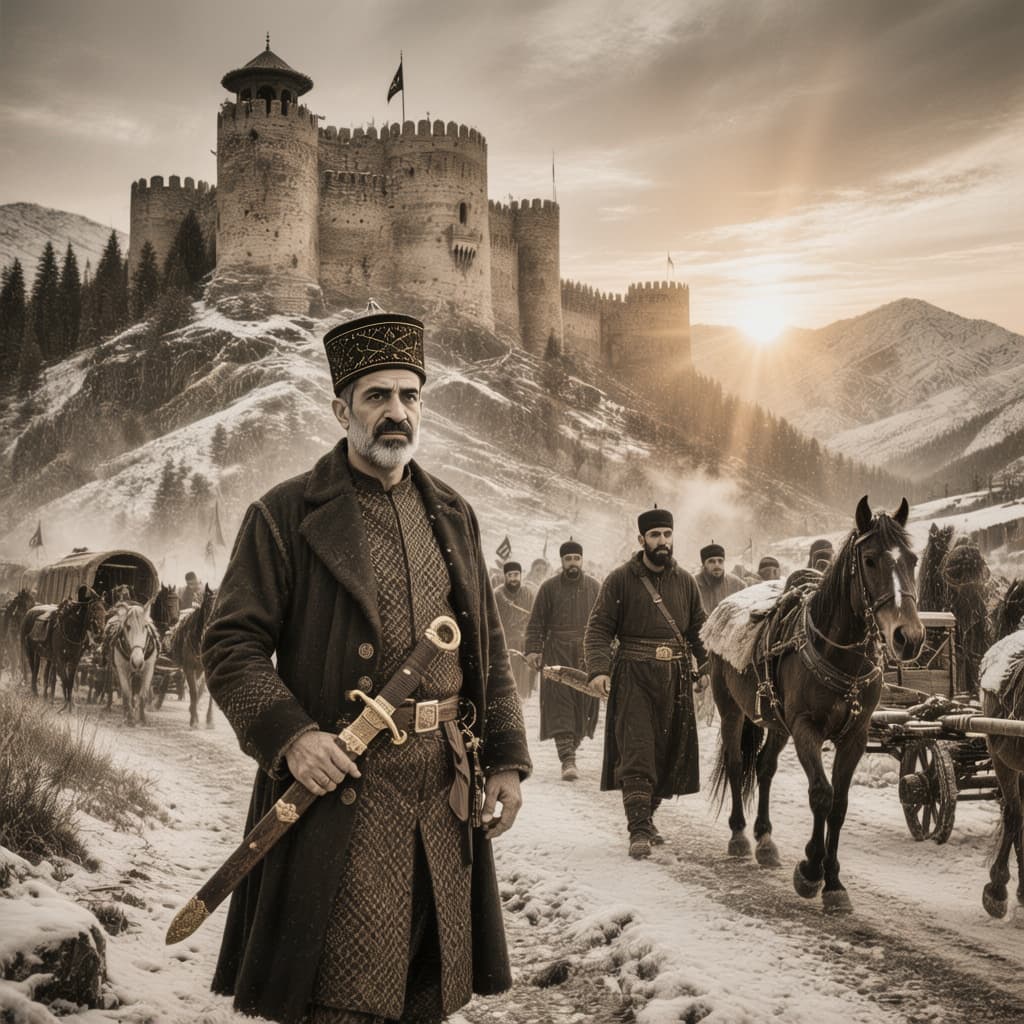 AI generated: Historical Ottoman scene 1510s, Yavuz Sultan Selim era, Amasya fortress background, brave Ottoman be...