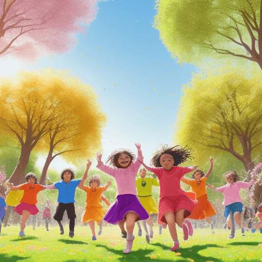 AI generated: A hundred children are joyfully circling around an ordinary person in a vibrant, lively scene. The b...