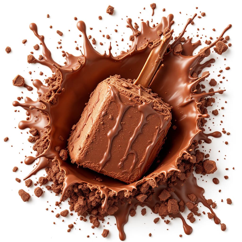 AI generated: small piece of chocolate bursts out of chocolate ice cream. white background