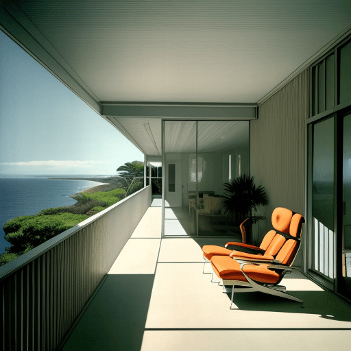 AI generated: Hyper realistic eye level exterior photo of a mid century modern style house overlooking the ocean, ...
