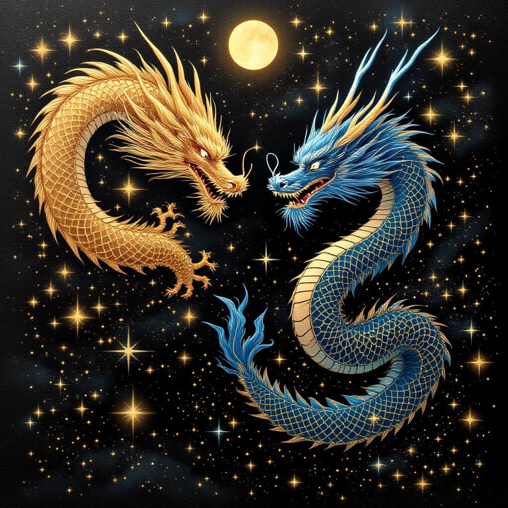 AI generated: On a dark obsidian-like background, use gold leaf details that form the image of two dragons, one go...