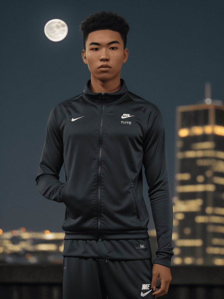 AI generated: young man moai head using nike tracksuit, accurate symmetry of the sky, night time, big full moon ab...