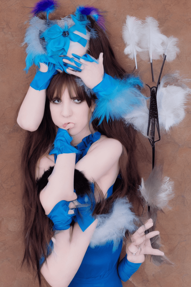 AI generated: 1girl, animal ears, bangs, blue dress, blush, breasts, bridal gauntlets, cleavage, closed mouth, clo...