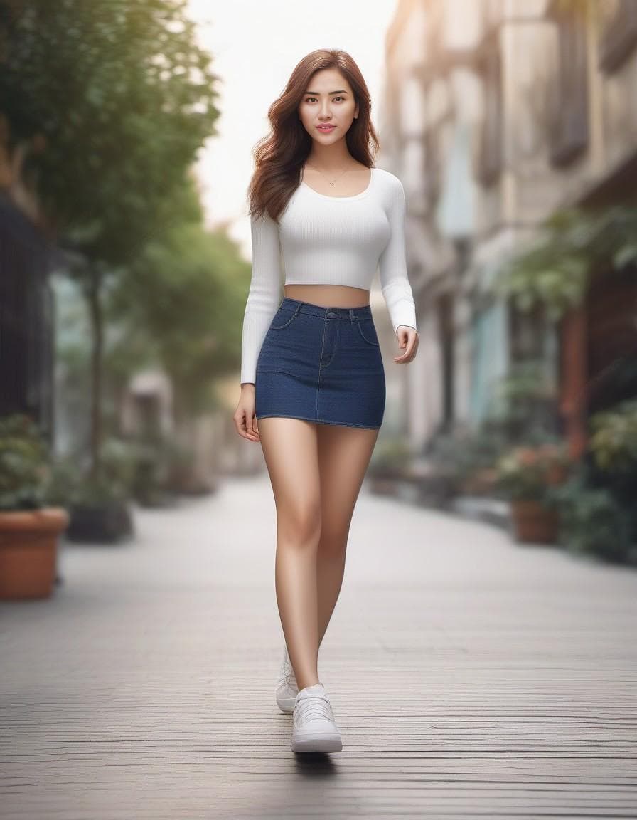 AI generated: create photo RAW hyperrealistic, 27yo, wearing croptop and miniskirt, sneakers, fullbody, calm and s...