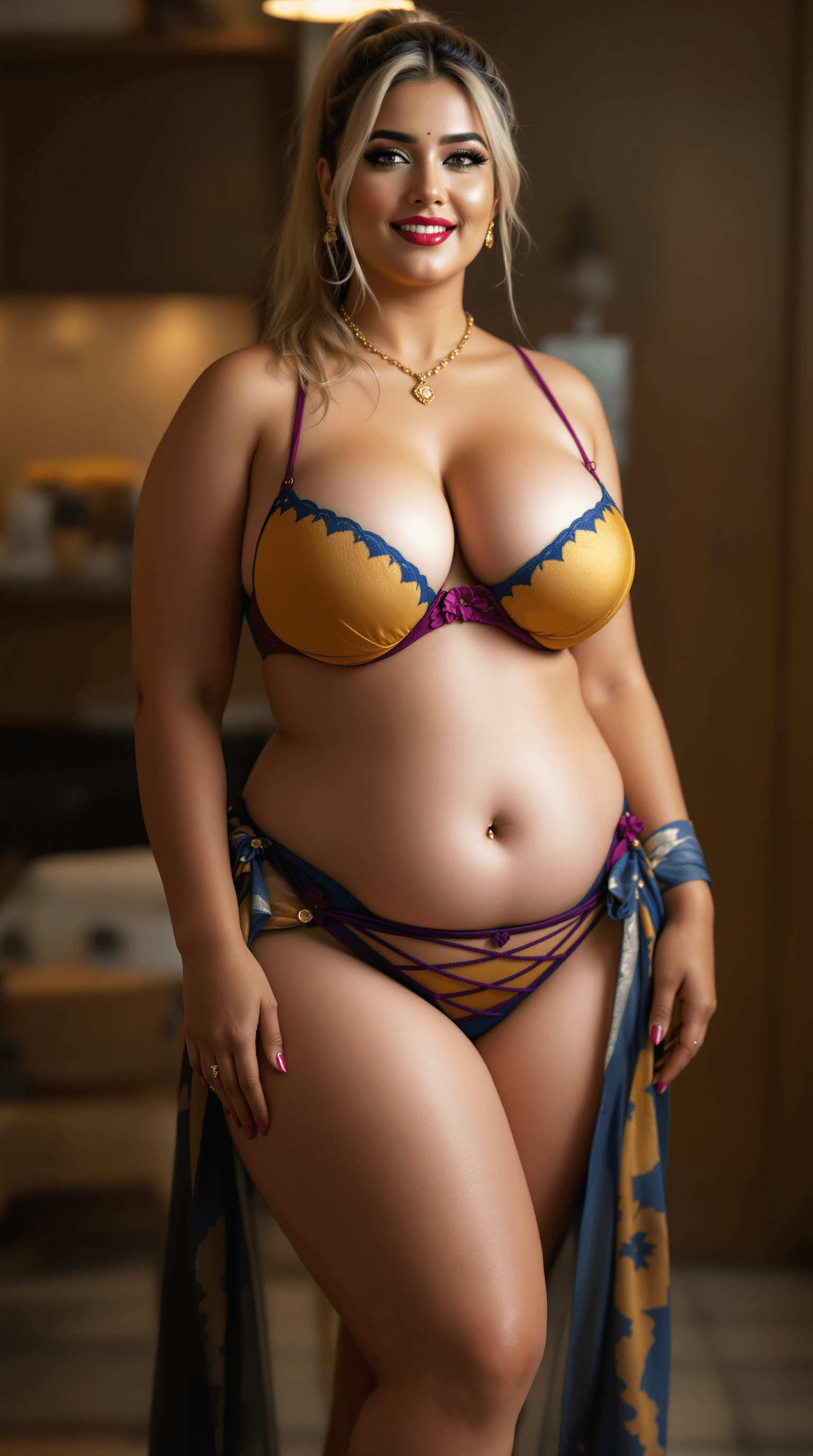 AI generated: Front view, full body image of a 25 year old plus sized hourglass figured Pakistani hot and sexy lad...
