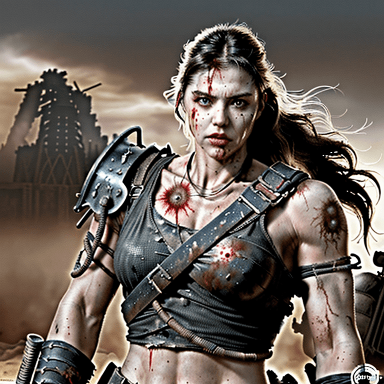 AI generated: mad max post apocalyptic  warrior, strong, muscular, long flowing wavy hairstyle, blood splatter, an...