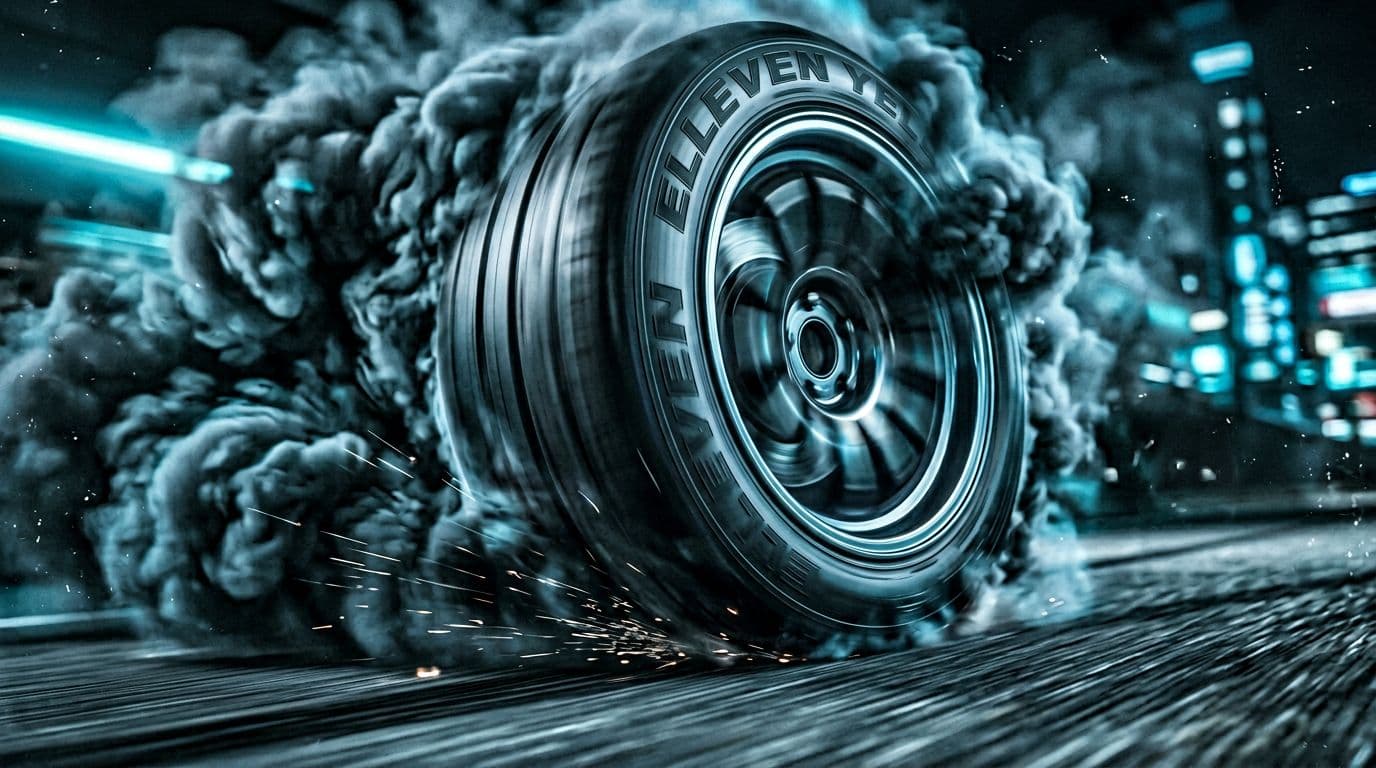 AI generated: cinematic close-up of a high performance racing tire spinning at extreme speed, dramatic burnout, th...