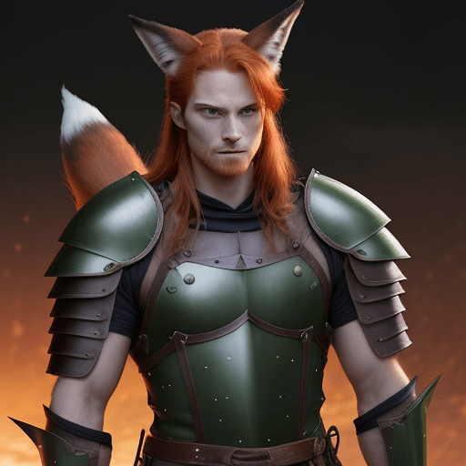 AI generated: Character: Tall, lean, slightly muscular red-haired green-eyed man with fox ears and tail in full se...
