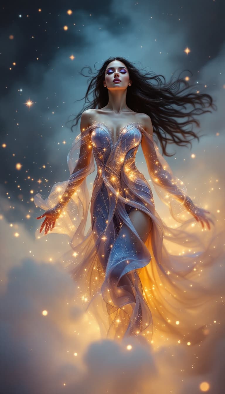 AI generated: An ultra-realistic, full-body portrait of a captivating cosmic dancer woman, radiating ethereal grac...