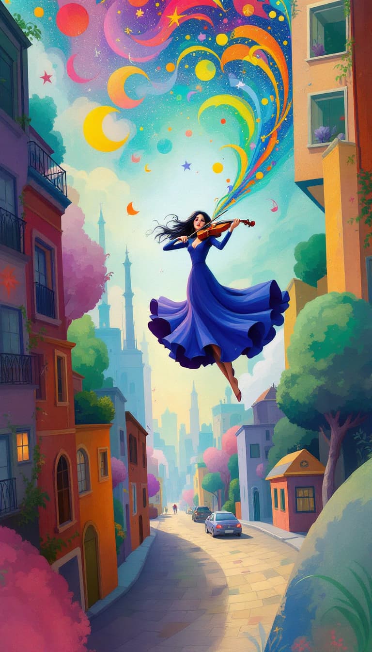 AI generated: (22) A digital painting, inspired by the dreamlike imagery of Marc Chagall, features a female musici...