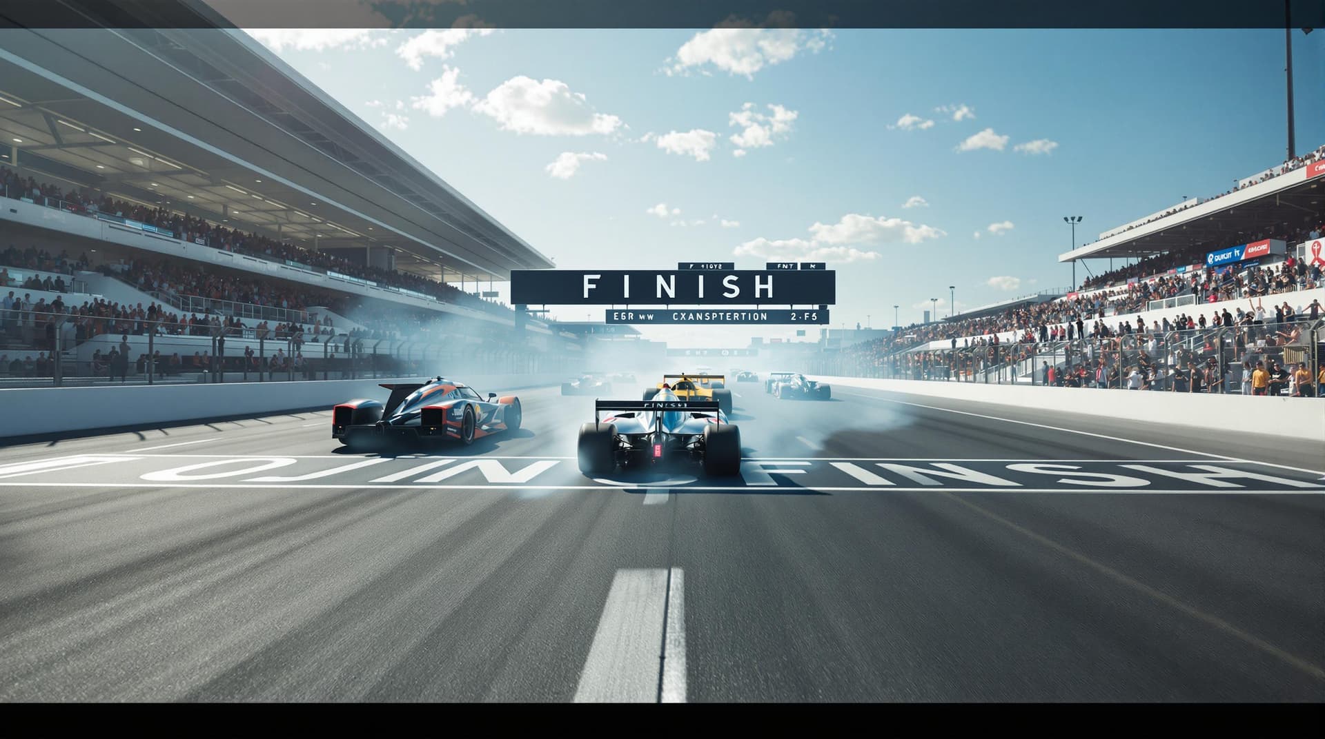 AI generated: The wide track is well lit by the sun.  Tension is increasing. A FINISH transporter over a wide race...