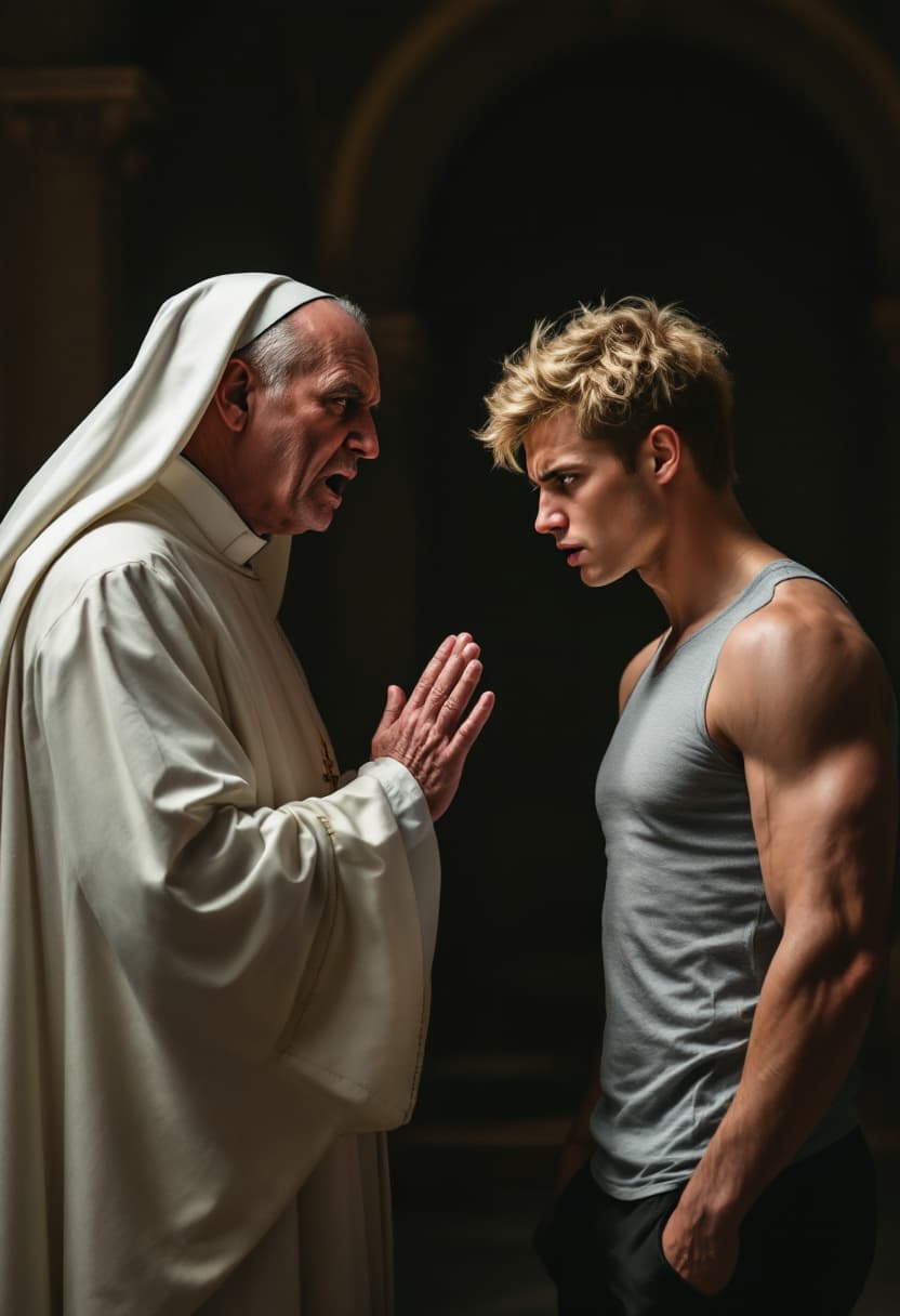 AI generated: photorealistic, angry catholic priest rebukes muscular, embarrassed  young blonde man wearing tight ...