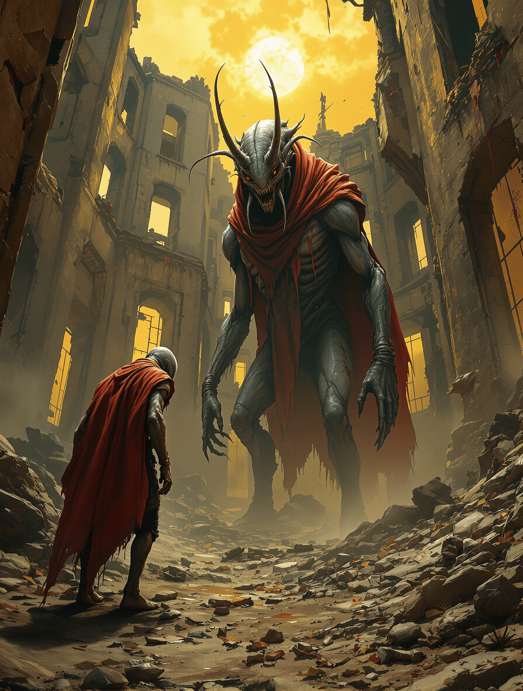 AI generated: (sci-fi  concept art:1.4) (dystopian:1.9), In the year 2224, a terrifying scene unfolds on the desol...