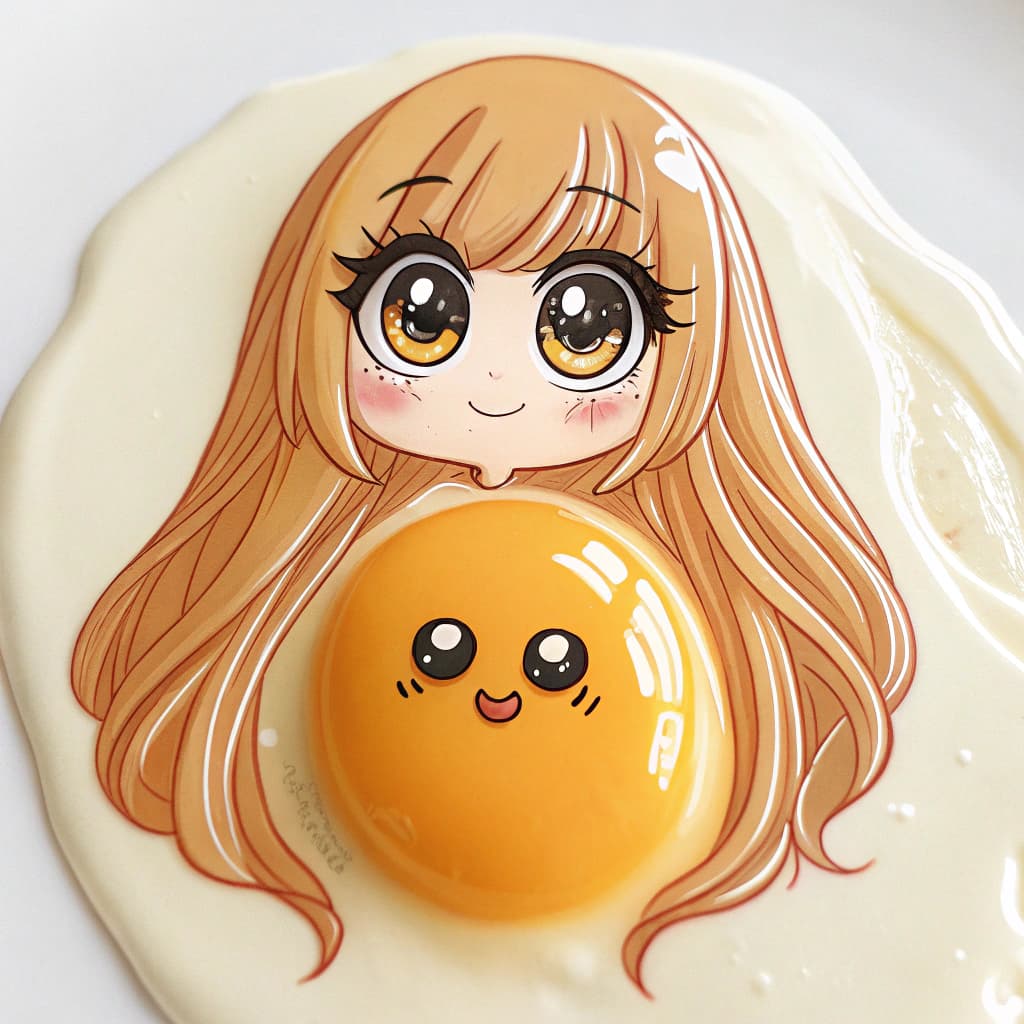 AI generated: An egg yolk with long hair and a face done in a japanese anime-style
