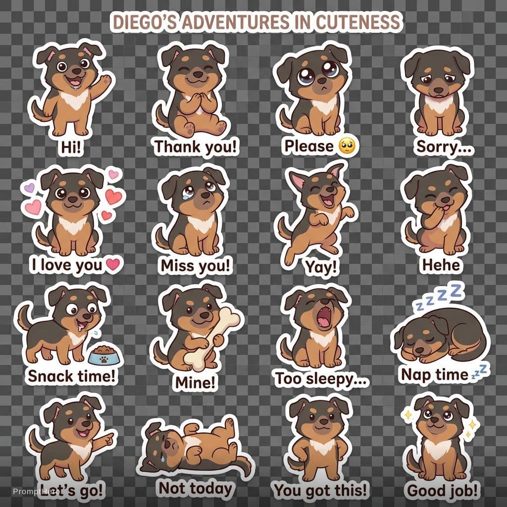 AI generated: Create a cohesive sticker pack (16 stickers) featuring the same character: a small adorable dog name...