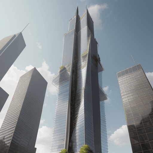 AI generated: high realistic render of a Modern very tall twin skyscraper, wide base and small end, vertical garde...