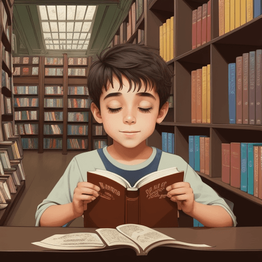 AI generated: Illustration of a boy in a bookstore buying a book
