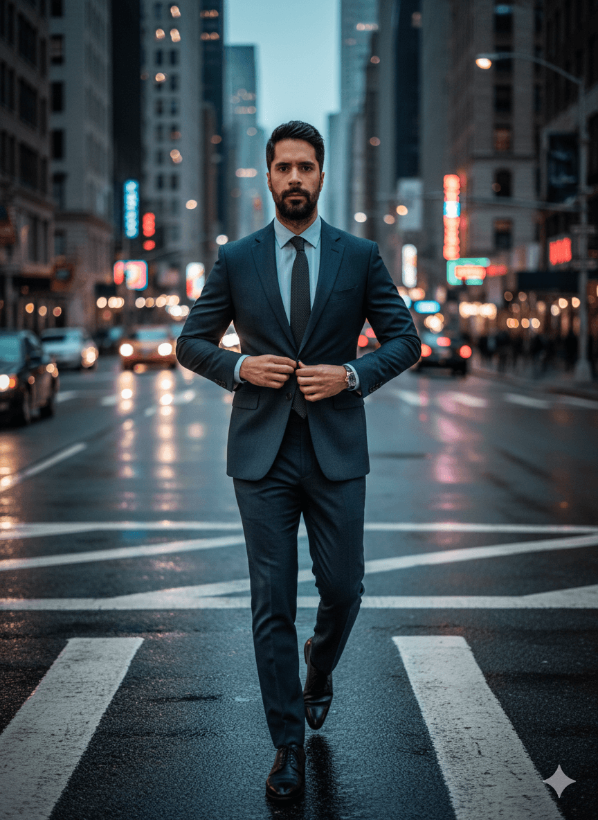 AI generated: Realistic photograph of a male model adjusting his blazer while crossing a crosswalk, cars blurred i...