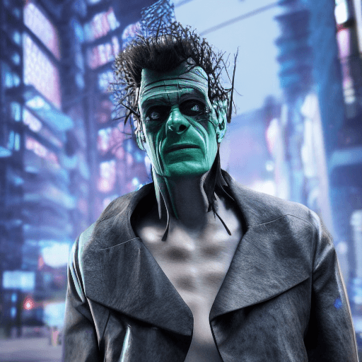 AI generated: Frankenstein, cyberpunk, outdoor, street, royal blue, hyperrealism, photorealistic, 8k, unreal engin...