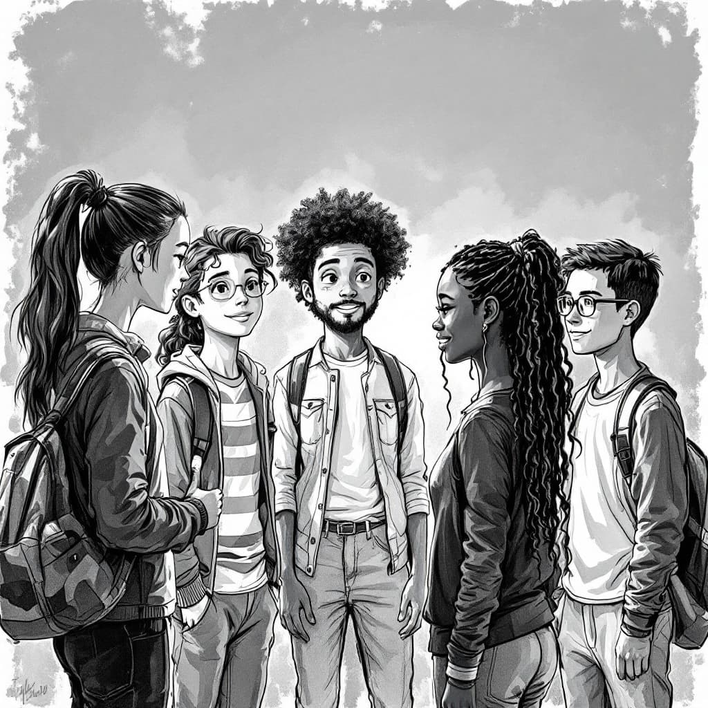 AI generated: a realistic black-and-white drawing of a diverse group of 12-year-old students presenting themselves...