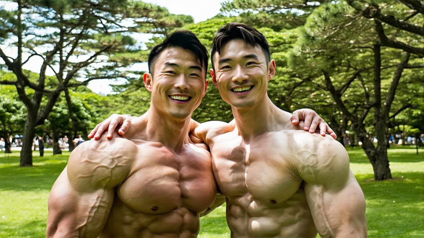 AI generated: two Japanese men, one extremely muscular heavyweight bodybuilder with thick thighs larger than waist...