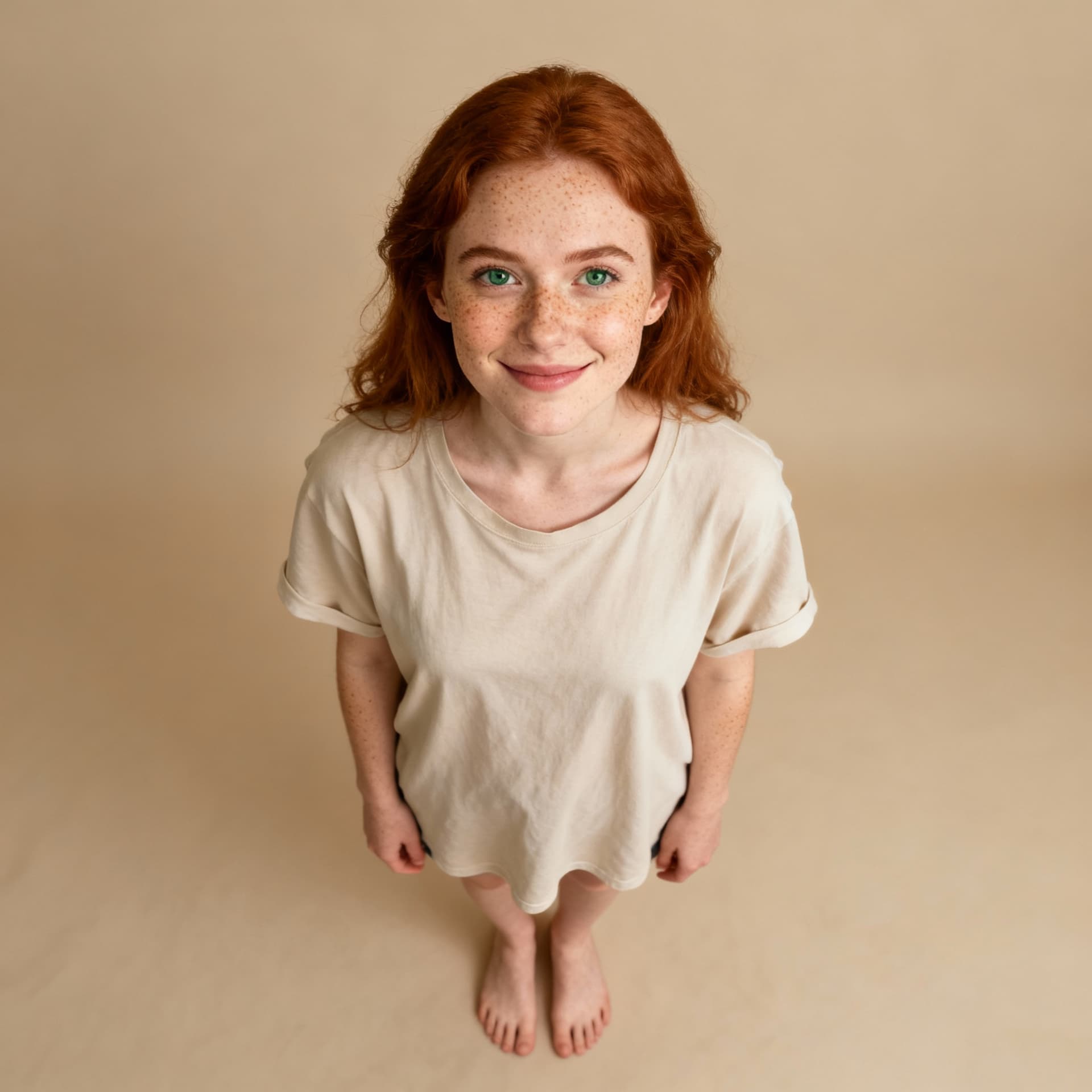 AI generated: Full-body head-to-toe portrait of a 29-year-old ginger woman with freckles only on her cheeks (no ma...