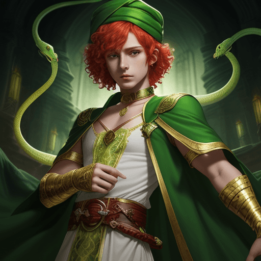 AI generated: fantasy, cleric of hesinde, short red hair, curls, male, light green robe, light green turban, gold ...