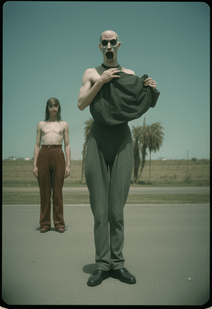 AI generated: bizarre absurdism, strange human elements movie scene still, expired film , 35 mm, Kodak --style cKH...