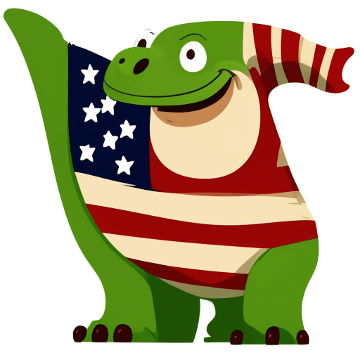 AI generated: Cute cartoon american flag, green, smiling, playful, prehistoric, clipart, no background, high quali...