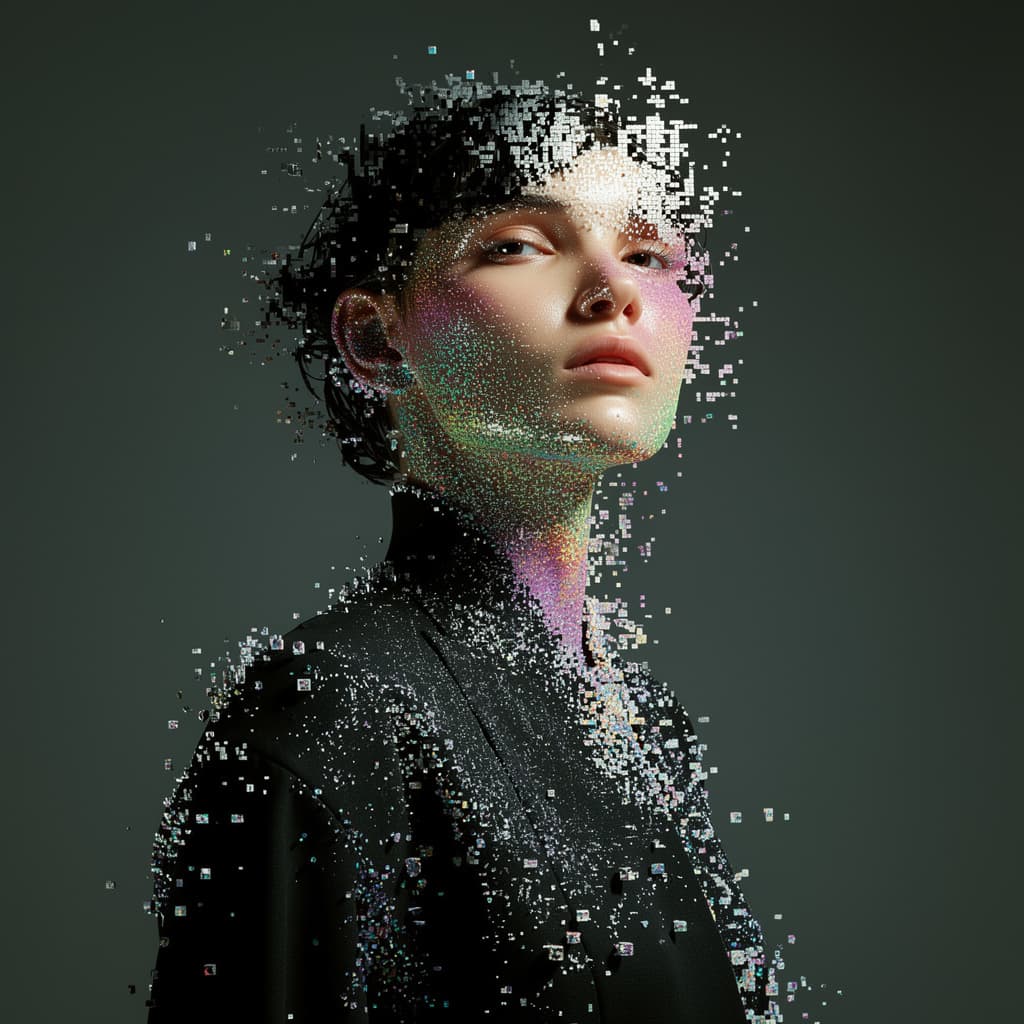 AI generated: portrait of a woman, front shot, gaze, avant-garde styled, wearing a minimalist black wear, features...