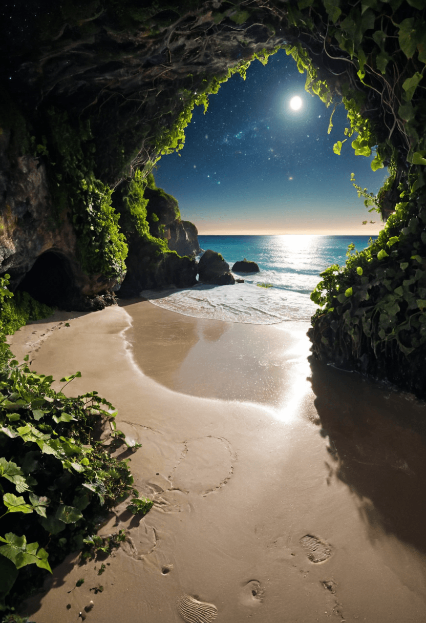 AI generated: Alien-themed <lora:xl_more_art-full_v1:1>,<lora:DreamARTSDXL:1>,A moonlit beach where the sand is a ...
