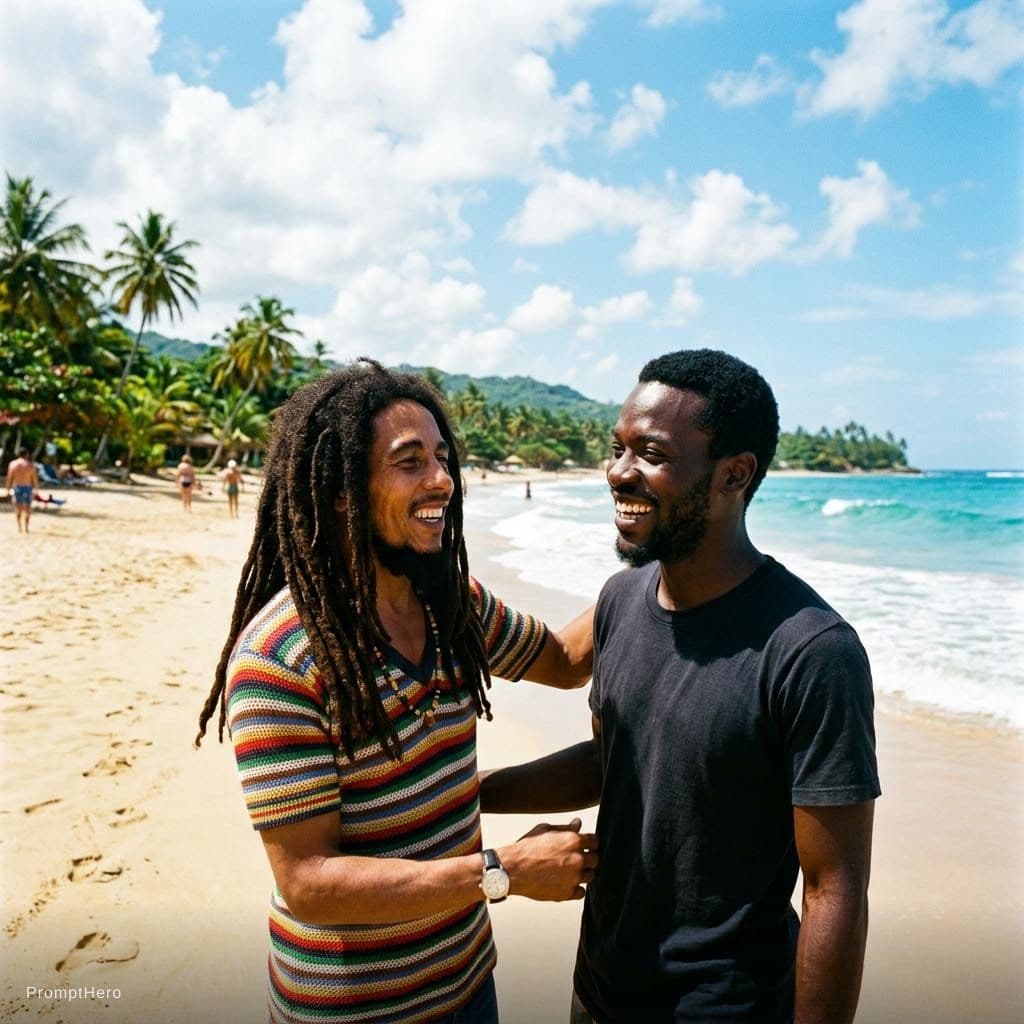 AI generated: with bob marley at a tropical beach, sunny day, both smiling