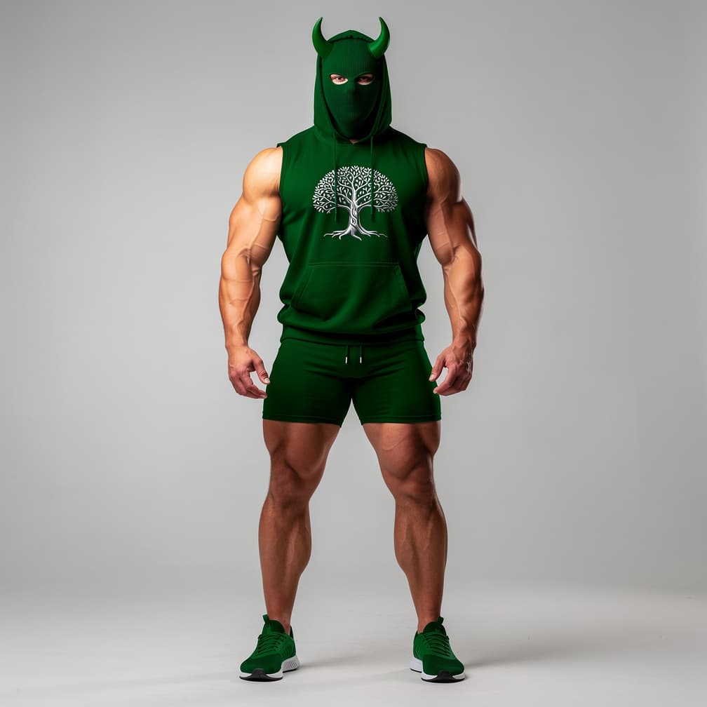 AI generated: A big muscular man wearing forest green short shorts and a forest green tank top plus a forest green...
