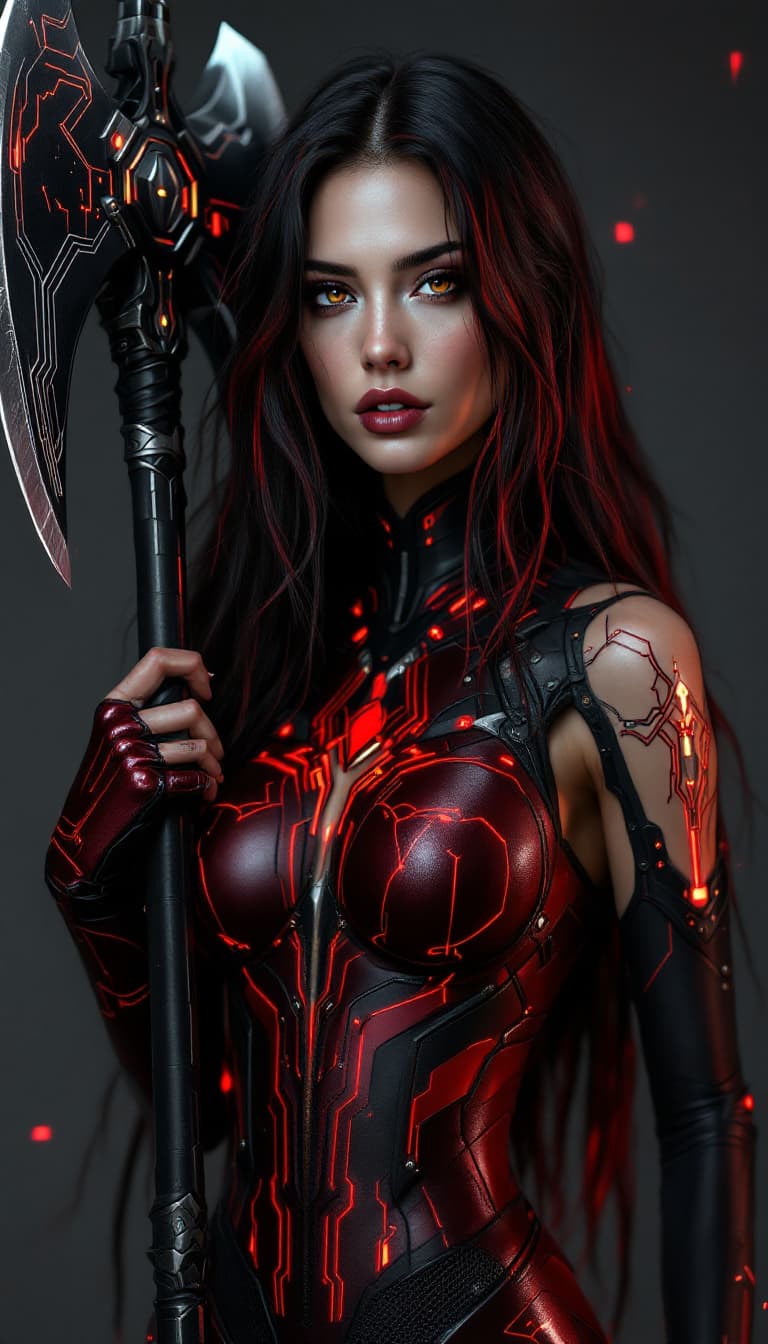 AI generated: An ultra-realistic, full-body static portrait of a mesmerizing ruby rogue woman, radiating power and...