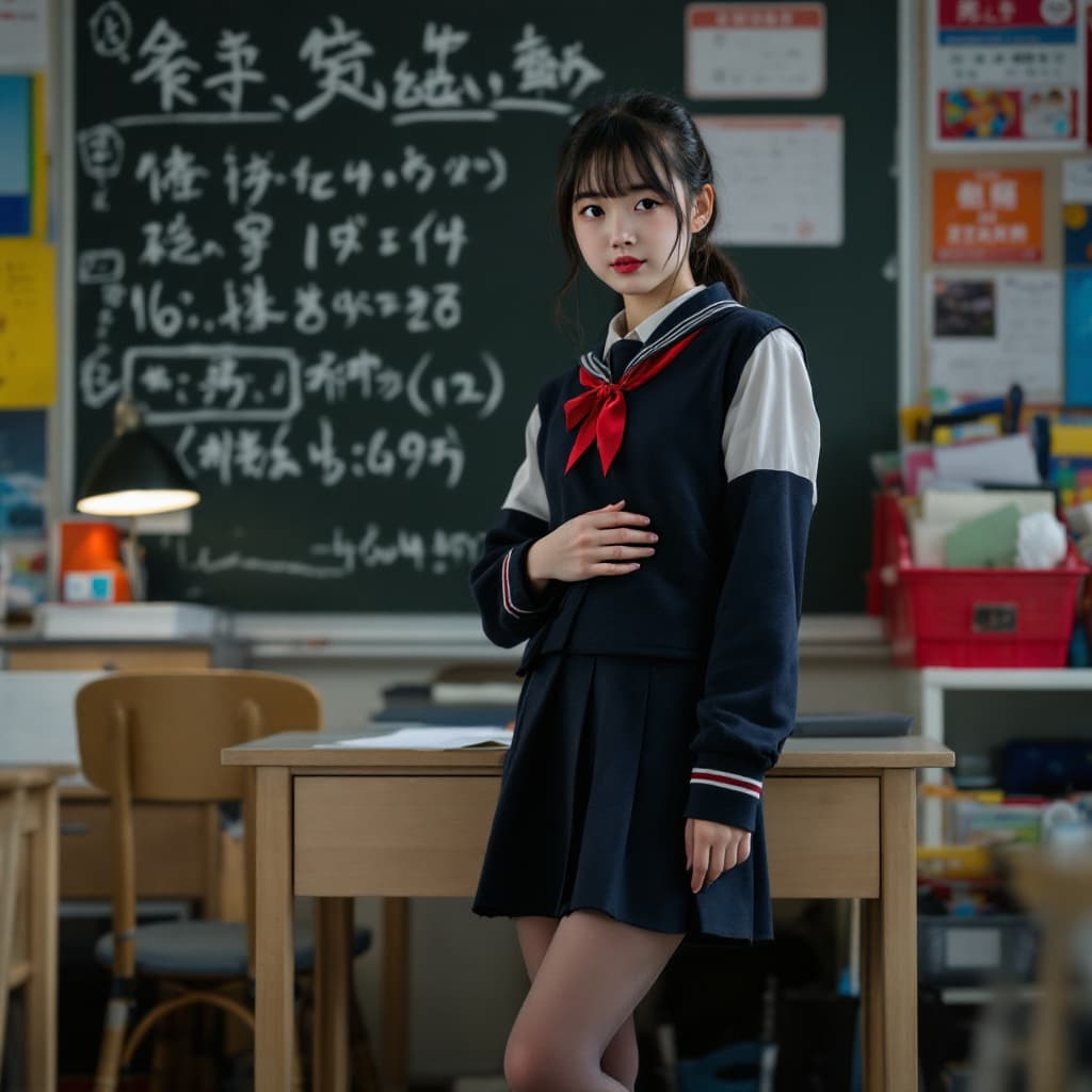 AI generated: 13-year-old Japanese schoolgirl standing  near a desk in a skirt and tights 