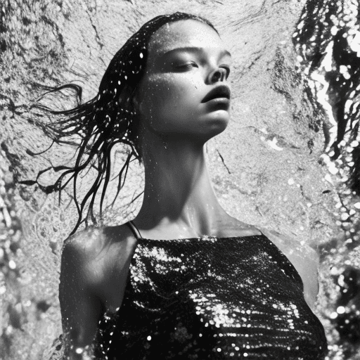 AI generated: a black and white photo of a woman in the water, mert and marcus, drops, kristine froseth, carola ru...