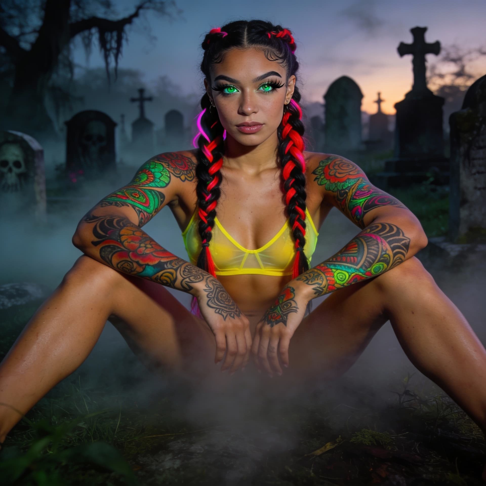 AI generated: A full body photo of a slim maori female with a very flirty expression. Her body is firm, thick tone...