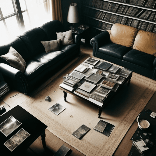 AI generated: Top-down view with a wide-angle perspective of a large, dark room. A man is lying face down on a sof...